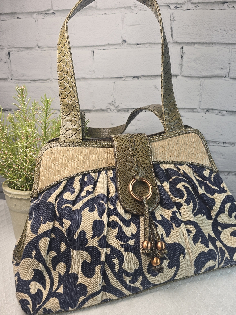 NINE & CO TAPESTRY BAG NAVY CREAM FAUX CROC OLIVE GREEN SHOULDER BAG BUCKLE FLAP